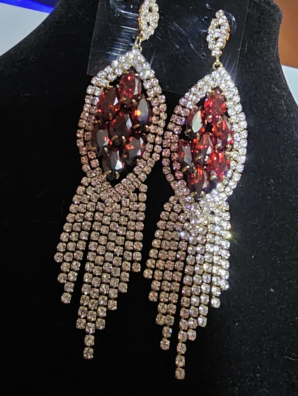 Chandelier Crystal Fringe Drop Earrings with Red Gem Accents